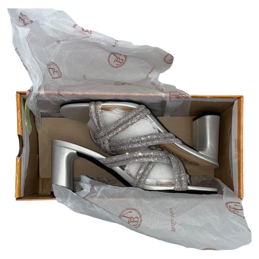 Bella Vita Carmen Silver Suede w/ Stones Slide Heel Sandals 9W Wide 2.5